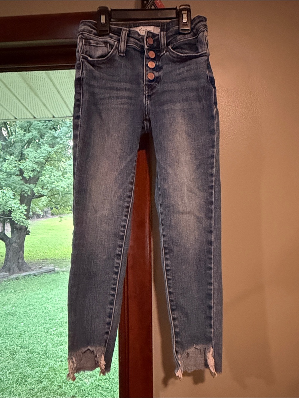 KanCan Girls Mid-Rise Button-Fly Distressed Blue Jeans